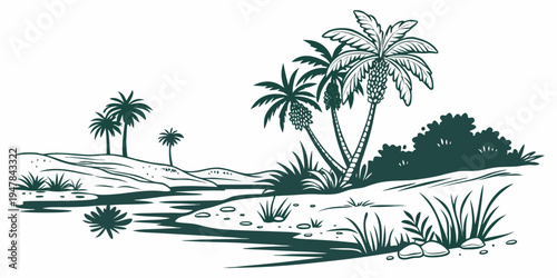 A tropical island with palm trees and a body of water Vector