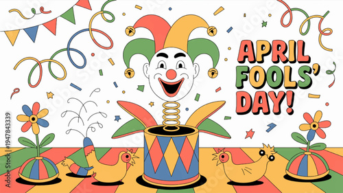 Jester in colorful hat pops out of a spring loaded box on april fools' day with confetti and party decorations