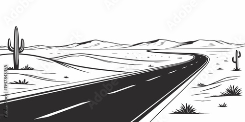 A blacktop road winding through a desert landscape Vector