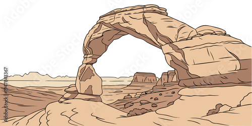 A large rock arch in the desert landscape Vector