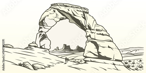 A large stone arch on a rocky hillside Vector