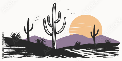 A desert landscape with cacti at sunset Vector