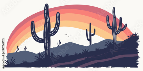 A desert landscape with cacti under a rainbow Vector