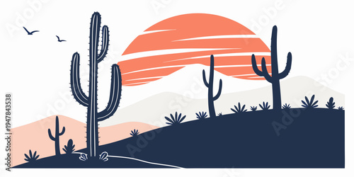 A desert landscape with cacti at sunset Vector