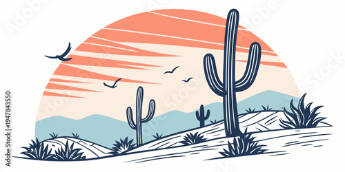 A desert landscape with cacti and birds Vector