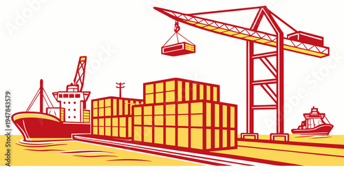 A cargo port with cranes and shipping containers Vector