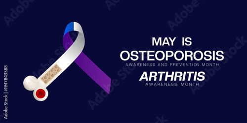 May is Osteoporosis awareness and prevention Month, Arthritis awareness Month. Ribbon and bone. Great for posters, banners, social media and more. Dark background. 