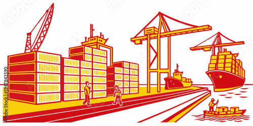 A cargo ship and cranes at a port with containers Vector