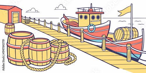 A red and yellow boat docked next to barrels Vector