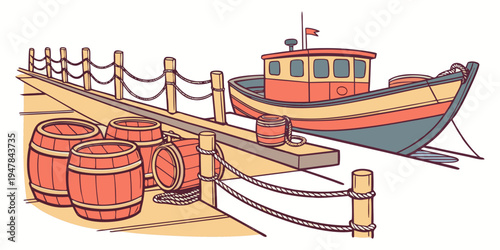 A small boat is docked at a pier with barrels Vector