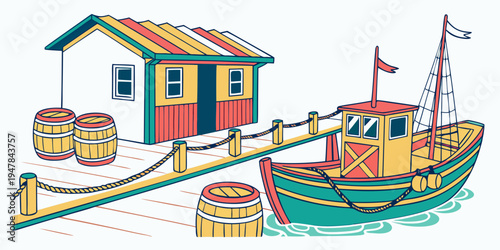 A colorful boat is docked next to a small building Vector