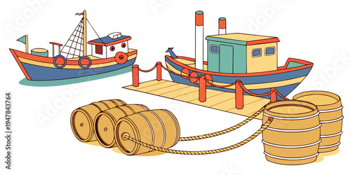 A boat and a dock with coils of rope Vector