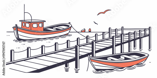 Two boats are docked at a pier by the water Vector