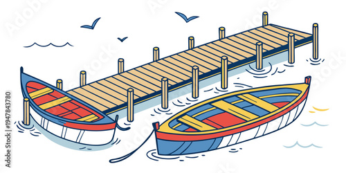 Two boats are tied to a dock with seagulls flying overhead Vector