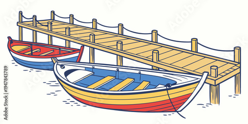 Two boats are parked next to a wooden dock Vector