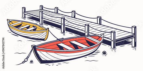 Two small boats are tied to a dock Vector