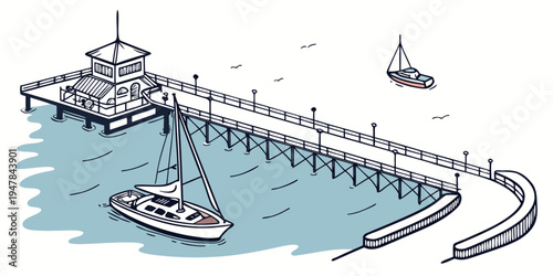 A pier with a sailboat docked next to it Vector