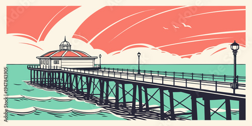 A pier stretches out into the ocean with a building at the end Vector