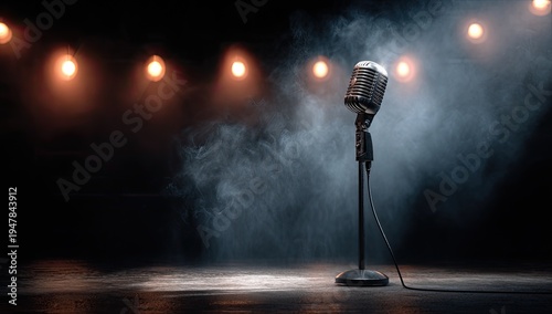 Wallpaper Mural Vintage Microphone on Stage with Dramatic Lighting and Smoke. Torontodigital.ca