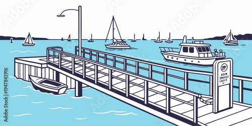A dock with a light pole and a boat Vector