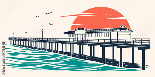 A pier extends into the ocean at sunset Vector