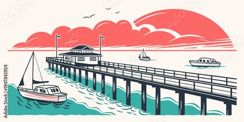 A pier with a boat floating in the water Vector