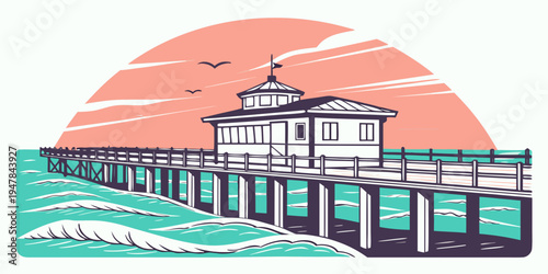 A pier with a building on top at sunset Vector