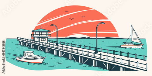 A pier with a boat and a sailboat in the water at sunset Vector