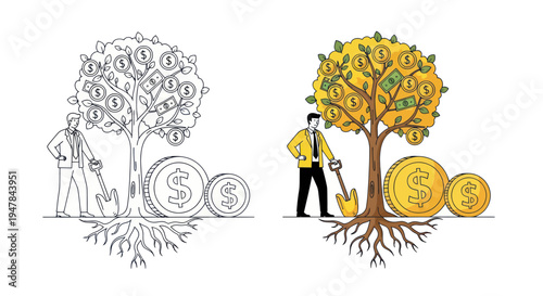 Businessman planting money tree with coins and shovel