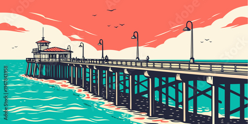 A pier extends into the ocean with a building at the end Vector
