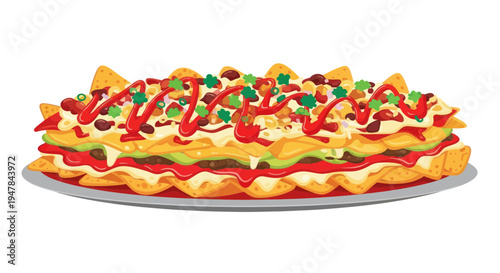 Delicious Layered Nachos with Cheese, Beans, Guacamole, and Sriracha