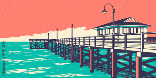 A pier with a building on the right side extending over the water Vector