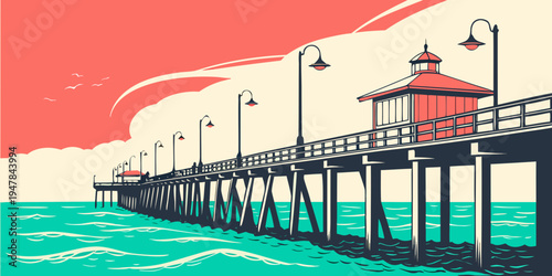 A pier with a red and white building on the right side extends into the ocean Vector