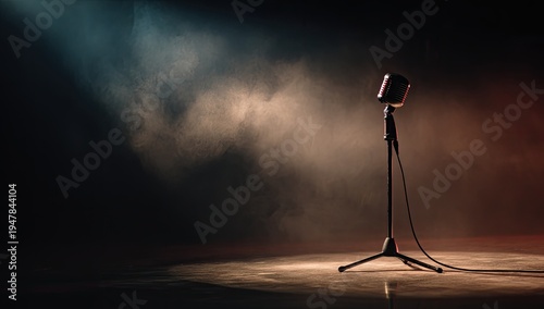 Wallpaper Mural Vintage Microphone on Stage with Dramatic Spotlight and Smoke. Torontodigital.ca