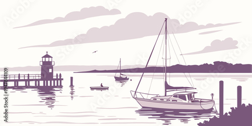 A sailboat floats near a dock and lighthouse Vector