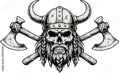 Viking Skull with Horned Helmet and Crossed Axes – Norse Warrior Skull Vintage Vector Illustration