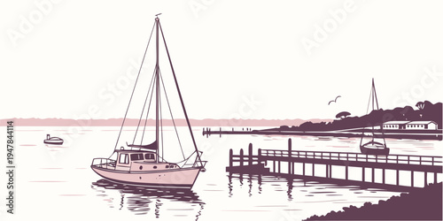 A sailboat sitting on a body of water near a dock Vector