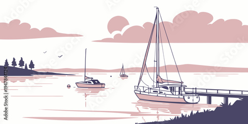 A sailboat floats on the water near a dock Vector