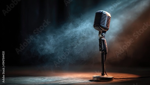 Wallpaper Mural Vintage Microphone on Stage with Dramatic Spotlight and Smoke. Torontodigital.ca
