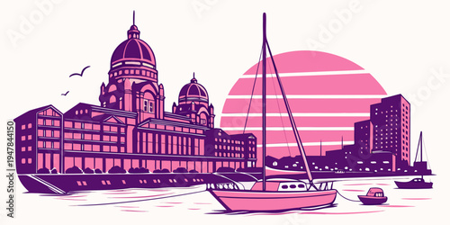 A pink and purple city skyline with a sailboat in the foreground Vector