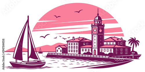 A pink illustration of a sailboat near a coastal town at sunset Vector