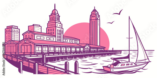 A city skyline with a pier and sailboat Vector
