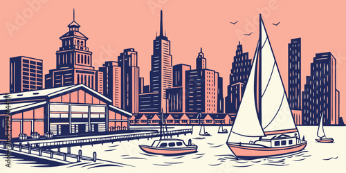 Sailboat on the water with city skyline Vector