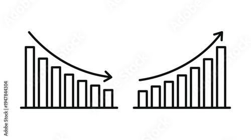 Vector graphic illustration of two bar graphs showing a decline and then an increase in data trends with arrows indicating the direction of change in a business or financial context