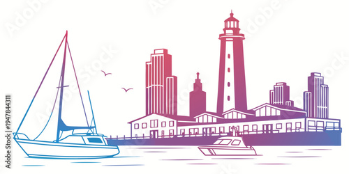 A sailboat and buildings by the waterfront Vector