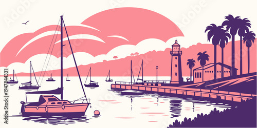 A serene harbor scene with sailboats and palm trees Vector