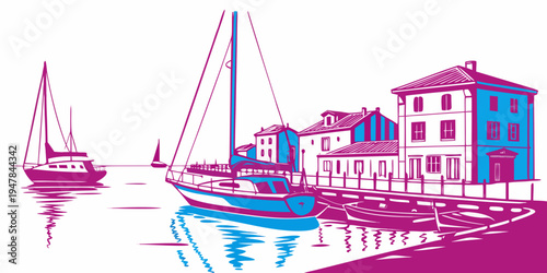 A pink and blue illustration of a harbor with boats and buildings Vector