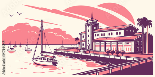 A pixel art illustration of a house by the sea Vector