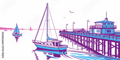 A sailboat and pier by the water with a building Vector