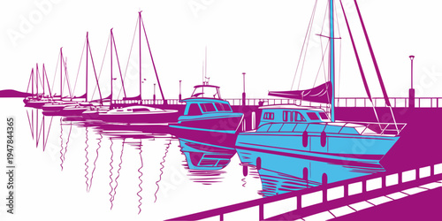 A boat is docked at a marina with several boats Vector